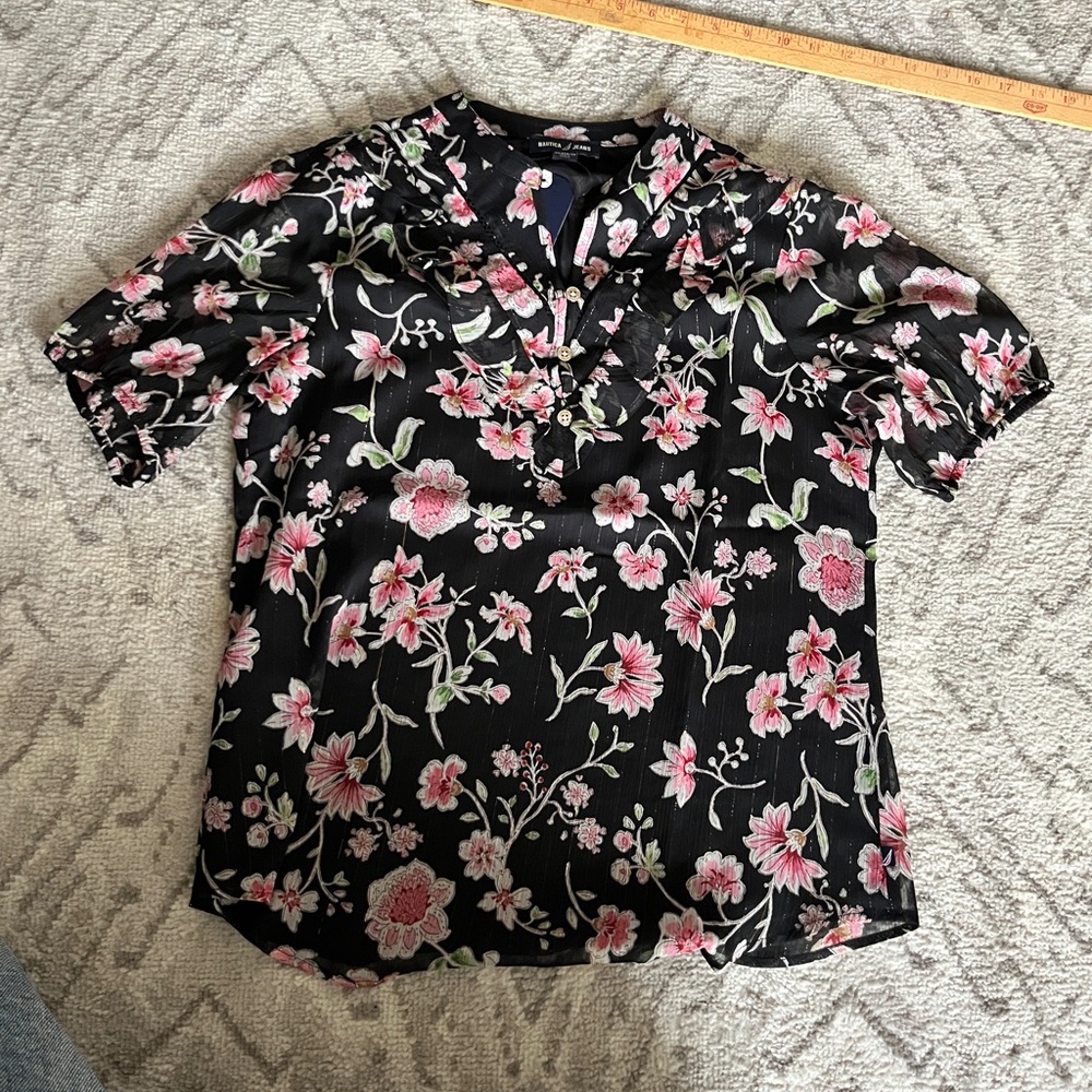 Nautica Black Blouse with Pink Floral Design NWT XS